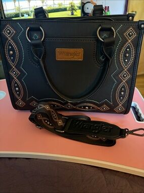 Wrangler Black Satchel with Embroidered Accents and Detachable Strap
